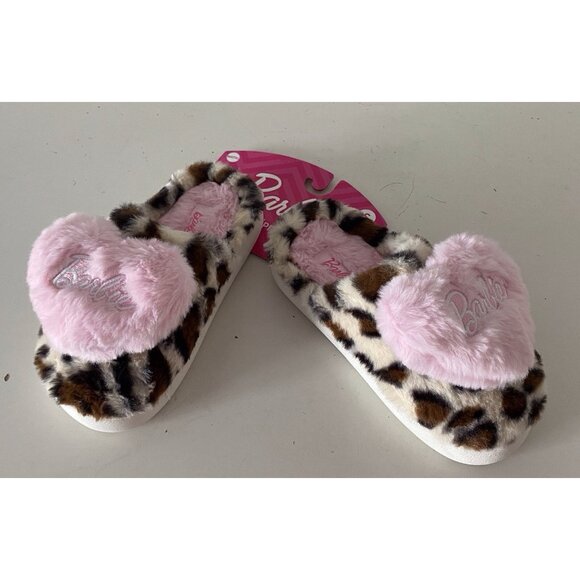 Barbie Leopard Print Pink Heart Plush Faux Fur Slippers Women’s Size Small 5-6 - Picture 1 of 16